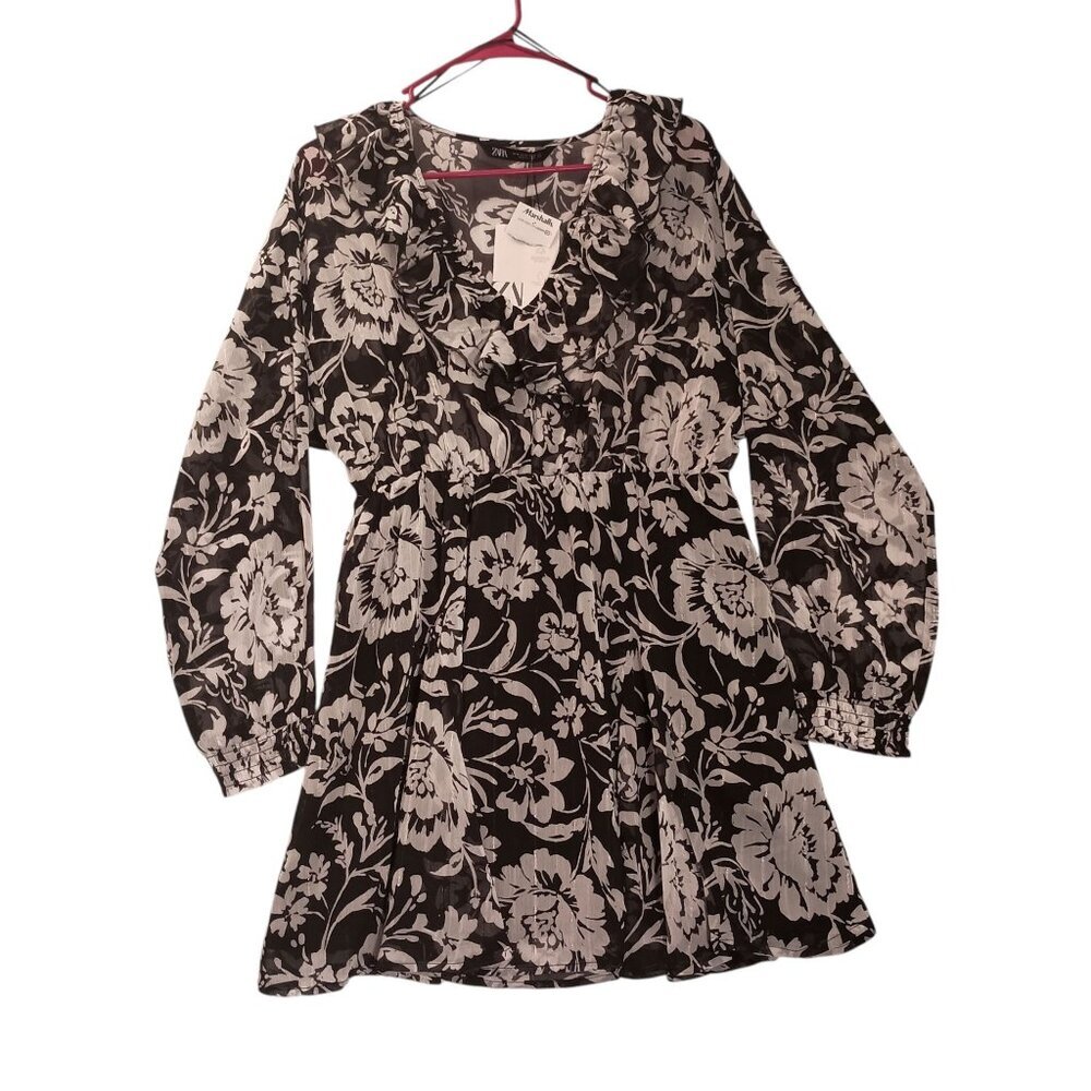 Zara Floral Mini Dress Black and White Ruffles on V Neck Boho Sheer NWT Size M